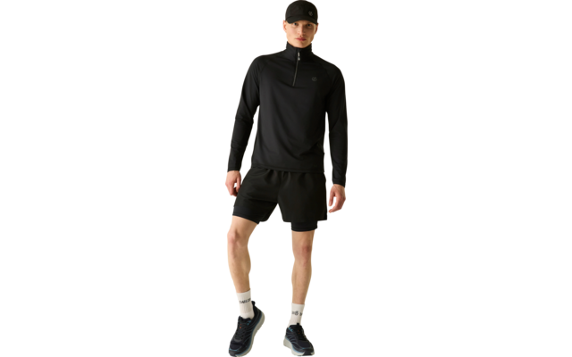 Une personne debout portant une casquette noire, un haut à manches longues noir avec demi-fermeture éclair, un short noir, des chaussettes blanches et des baskets noires