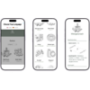 Vier naast elkaar geplaatste smartphone-schermen met gebruikersinterfaces. Links: taalkeuze met kop 'Choose Your Language', opties 'English' en 'Deutsch', en een spellenlijst met pictogrammen voor Kubb en Boule. Twee middelste schermen: lijst met spellen en pictogrammen met labels 'Wikingerschach', 'Boule-Spiel', 'Jenga', 'Seilspringen', 'Krocket' en 'Ringwurf'. Rechts: detailpagina voor 'Wikingerschach' met schema van speelveld en tekstblokken