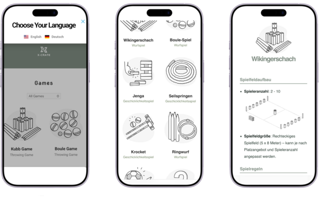 Vier naast elkaar geplaatste smartphone-schermen met gebruikersinterfaces. Links: taalkeuze met kop 'Choose Your Language', opties 'English' en 'Deutsch', en een spellenlijst met pictogrammen voor Kubb en Boule. Twee middelste schermen: lijst met spellen en pictogrammen met labels 'Wikingerschach', 'Boule-Spiel', 'Jenga', 'Seilspringen', 'Krocket' en 'Ringwurf'. Rechts: detailpagina voor 'Wikingerschach' met schema van speelveld en tekstblokken