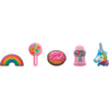 Cinco ilustraciones coloridas una al lado de la otra: arcoíris, piruleta, donut con glaseado rosa y sprinkles, máquina de chicles rosa con bolitas multicolores, cabeza de unicornio con melena multicolor