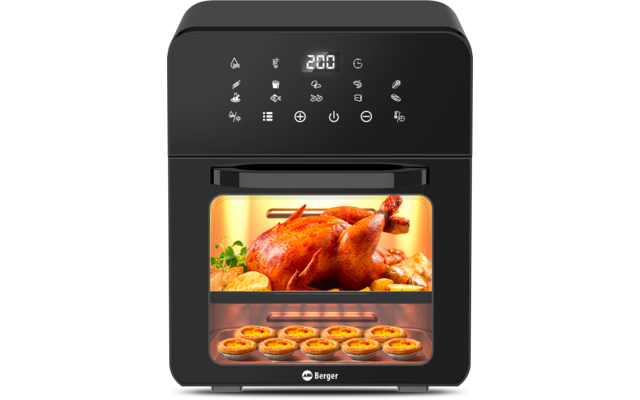 Zwart compact ovenapparaat met digitale weergave "200" en bedieningspictogrammen; door het venster een hele kip met aardappelen op het bovenrek en meerdere kleine taartjes op het onderrek; "Berger"-logo onderaan