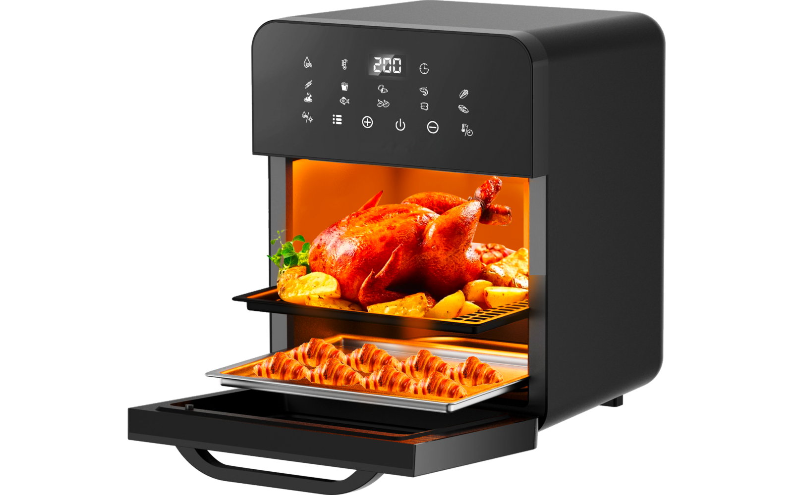 Zwarte keukenoven met digitaal display; interieur verlicht, bovenste rek: hele kip en aardappelstukjes; onderste rek: meerdere croissants; deur open