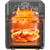 Oven met gebraden kip op een rooster, oranje draaiende ringen en naar boven wijzende pijlen boven de kip