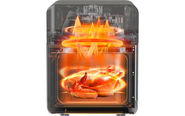 Oven met gebraden kip op een rooster, oranje draaiende ringen en naar boven wijzende pijlen boven de kip