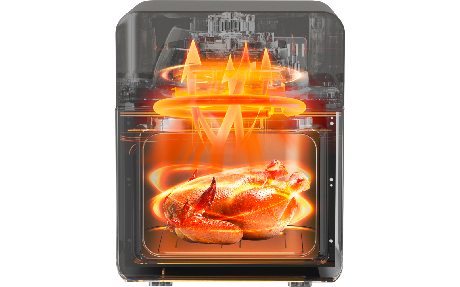 Oven met gebraden kip op een rooster, oranje draaiende ringen en naar boven wijzende pijlen boven de kip