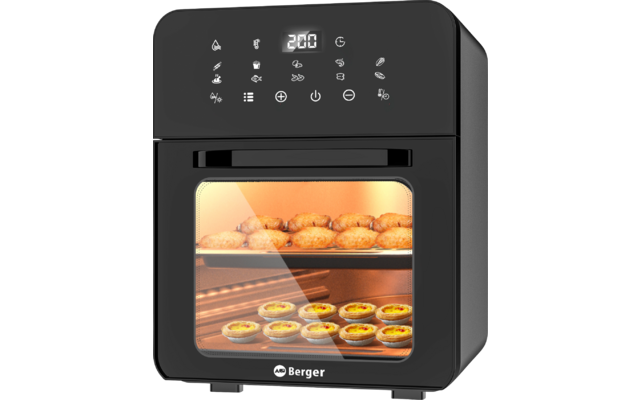 Zwarte tafeloven met glazen deur en touch-display bovenaan met "200", twee rekken: bovenste bakplaat met goudbruine ronde bolletjes, onderste bakplaat met kleine taartjes, Berger-logo op de voorkant