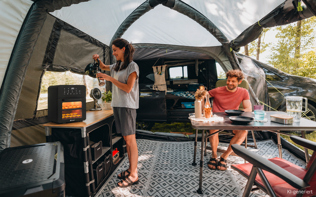 Opblaasbare campingluifel bij een busje; links schenkt een vrouw uit een French press in een mok; keukenelement met kleine oven zichtbaar; rechts zit een man aan een kampeertafel met servies en een vaas; geopende bus en bomen op de achtergrond