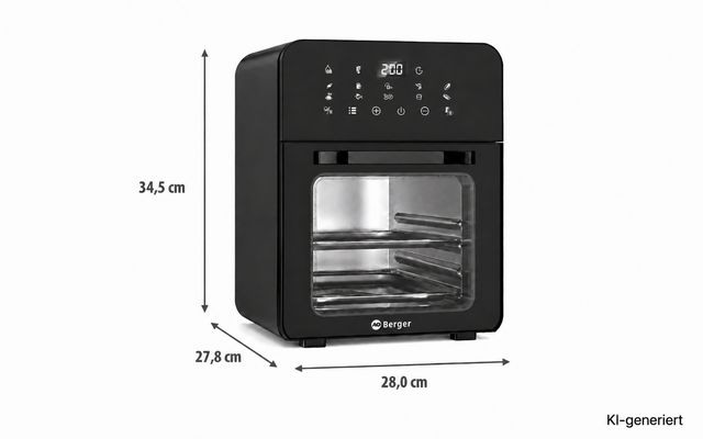 Zwart apparaatbehuizing met glazen deur, twee metalen rekjes binnenin, digitaal display met cijfers en knoppen bovenaan; pijlen met afmetingen 34,5 cm (hoogte), 27,8 cm (diepte) en 28,0 cm (breedte); merkopdruk 'Berger' onderaan; tekst 'KI-generiert' rechtsonder
