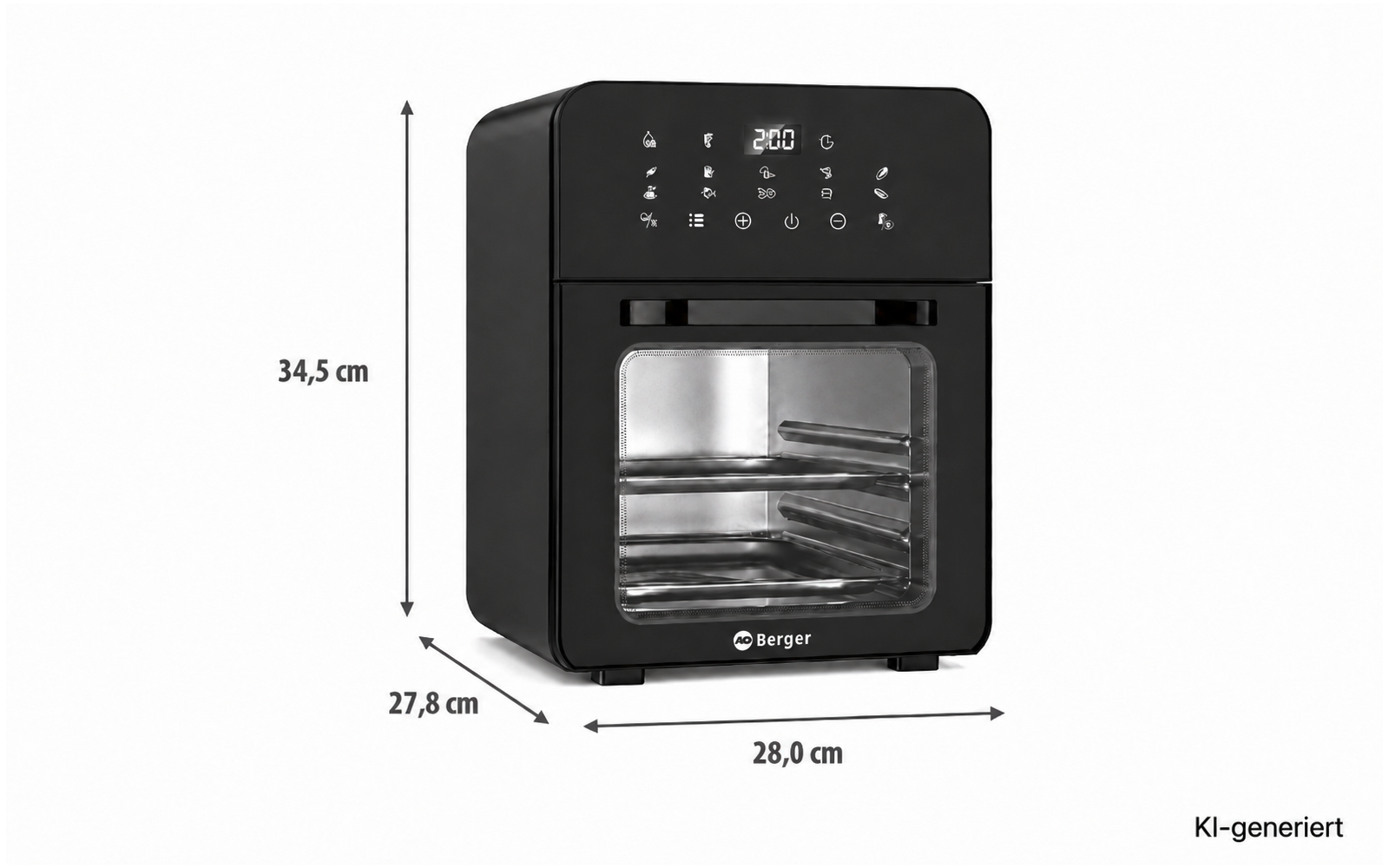 Zwart apparaatbehuizing met glazen deur, twee metalen rekjes binnenin, digitaal display met cijfers en knoppen bovenaan; pijlen met afmetingen 34,5 cm (hoogte), 27,8 cm (diepte) en 28,0 cm (breedte); merkopdruk 'Berger' onderaan; tekst 'KI-generiert' rechtsonder