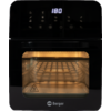 Zwarte compacte oven met glazen front, verlicht rooster binnenin, digitaal display toont "180", waarschuwingsdriehoek op de deur, merknaam "Berger" onderaan