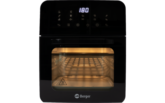 Zwarte compacte oven met glazen front, verlicht rooster binnenin, digitaal display toont "180", waarschuwingsdriehoek op de deur, merknaam "Berger" onderaan