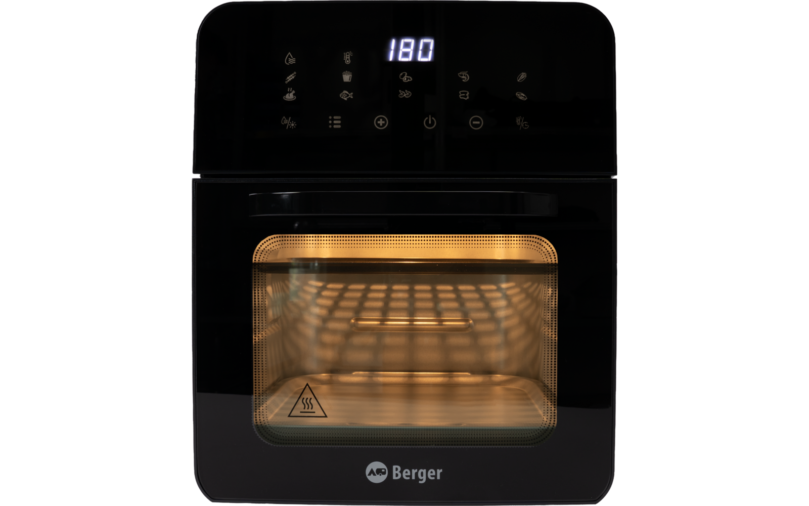 Zwarte compacte oven met glazen front, verlicht rooster binnenin, digitaal display toont "180", waarschuwingsdriehoek op de deur, merknaam "Berger" onderaan