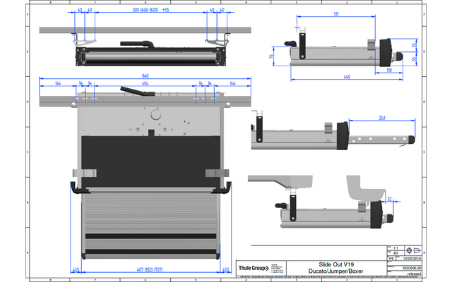 Dibujo técnico con varias vistas de una caja rectangular, rieles, herrajes y cotas