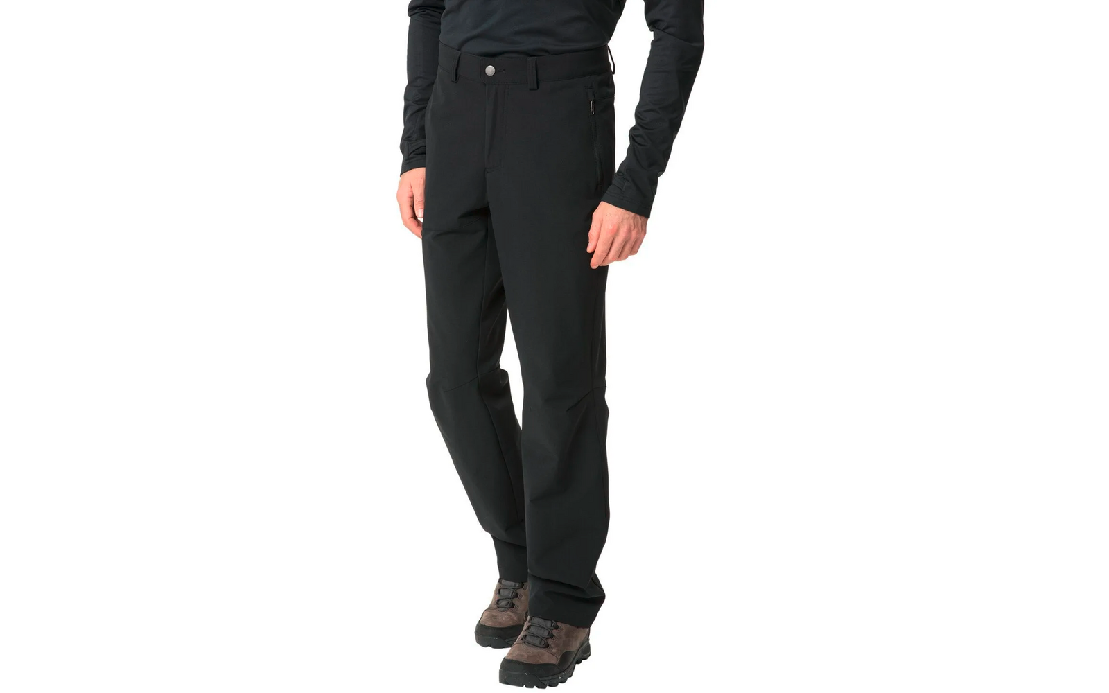 Person trägt schwarze Hose und schwarze Jacke, nur Unterkörper und rechter Arm sichtbar