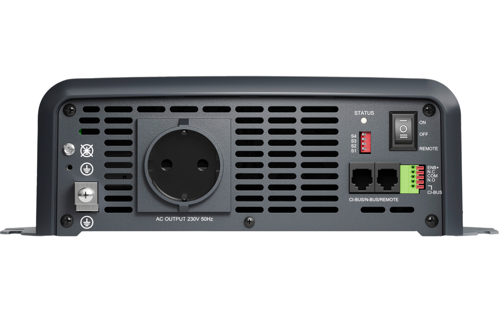 Rückseite eines grauen Metallgehäuses mit Lüftungsschlitzen, runde Steckdose, zwei rechteckige Netzwerkanschlüsse, Kippschalter, rote Schalter, grüne Schraubklemme, zwei kleine runde Anschlüsse links und Montageflansche