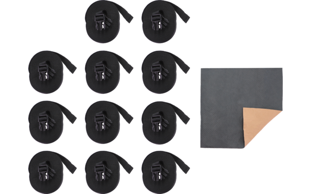 Twelve black round discs, each with a short strap and small clip, arranged in rows on the left; on the right a black square with one corner turned up showing a brown underside