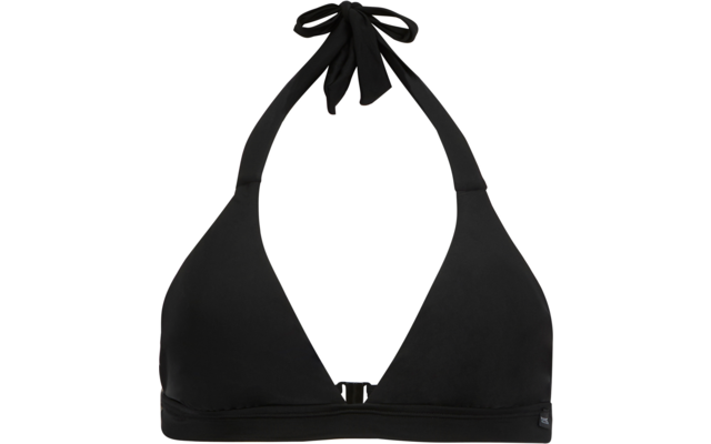 Schwarzes Neckholder-Bikinioberteil mit Dreieckscups, gebundener Nackenriemen, Verschluss vorne, elastisches Unterbrustband und kleines Logoetikett unten rechts auf weißem Hintergrund