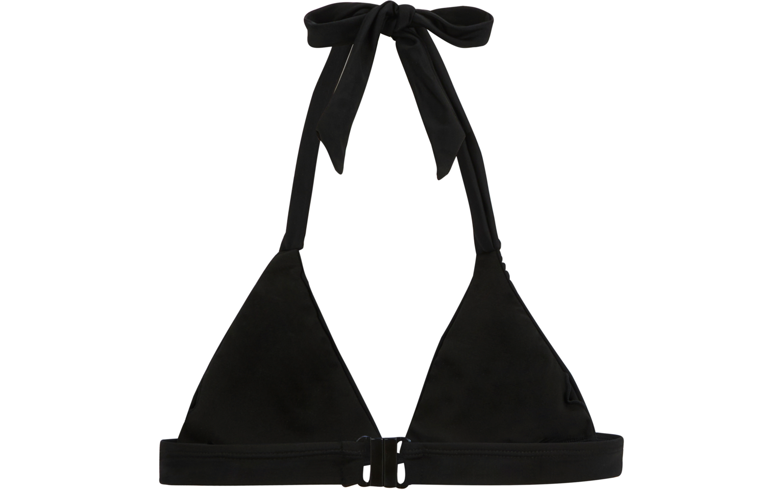 Schwarzes Bikinioberteil mit dreieckigen Cups, Nackenschleife und Frontverschluss