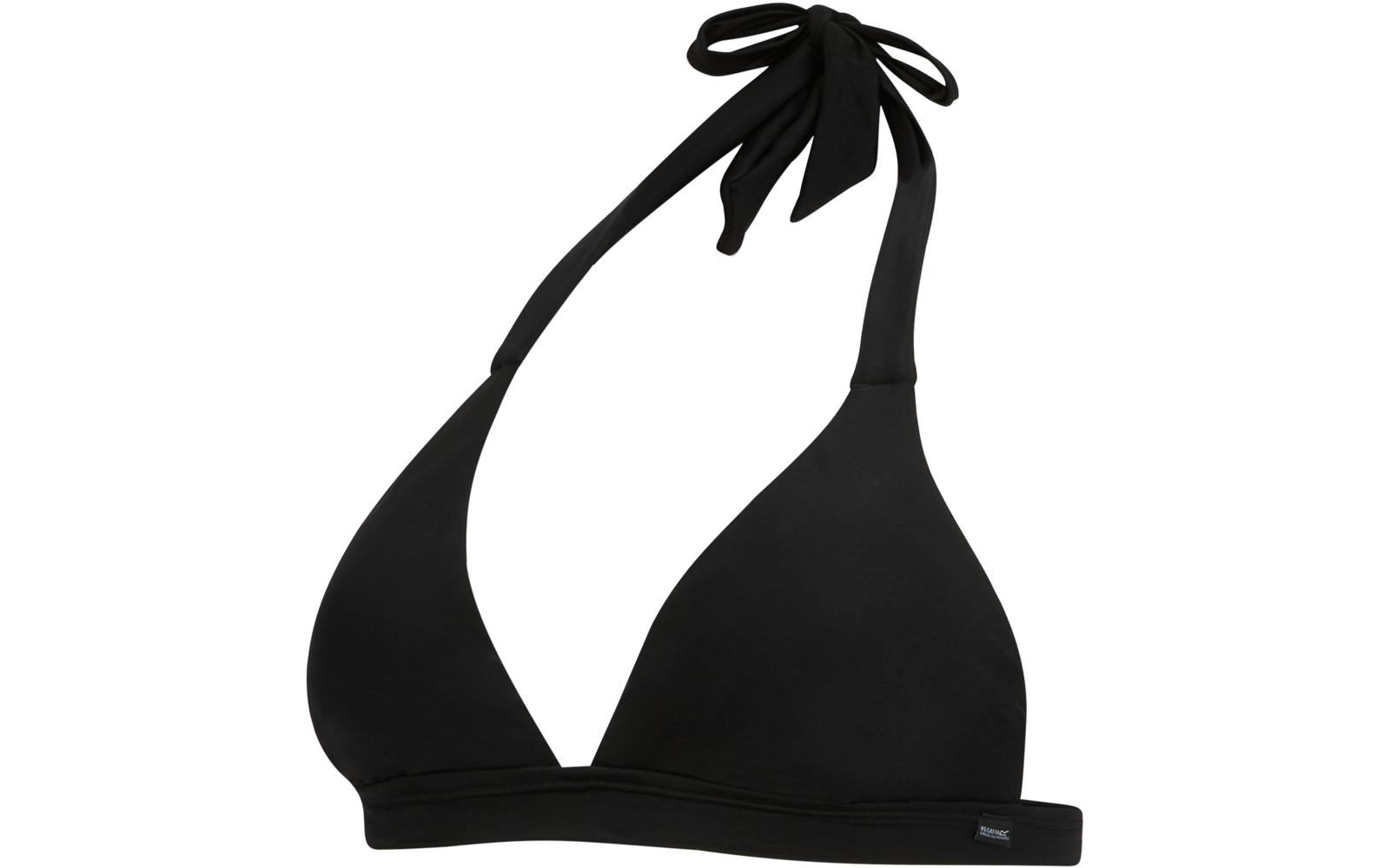 Schwarzes Triangel-Bikinioberteil mit am Nacken gebundener Schleife, dreieckigen Cups, elastischem Unterbrustband und kleinem Stoffetikett