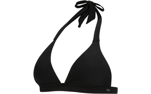 Schwarzes Triangel-Bikinioberteil mit am Nacken gebundener Schleife, dreieckigen Cups, elastischem Unterbrustband und kleinem Stoffetikett