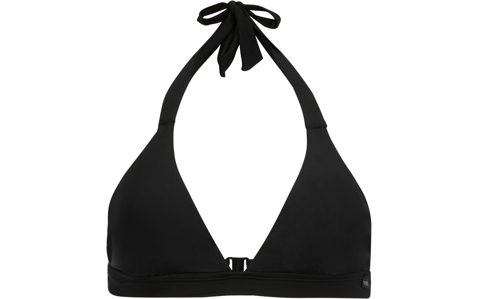 Schwarzes Neckholder-Bikinioberteil mit Dreieckscups, gebundener Nackenriemen, Verschluss vorne, elastisches Unterbrustband und kleines Logoetikett unten rechts auf weißem Hintergrund