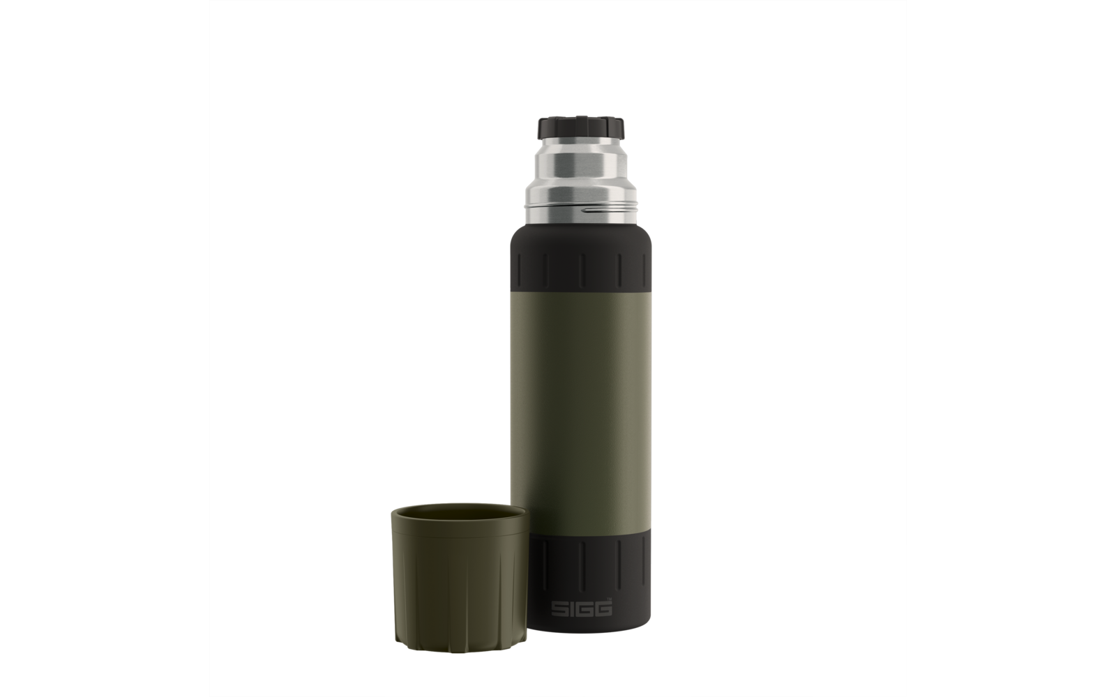 Olivegrüne Thermosflasche mit Becher daneben, silberne Metallkappe oben und schwarzer Boden