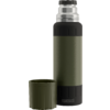 Olivegrüne Thermosflasche mit Becher daneben, silberne Metallkappe oben und schwarzer Boden