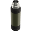 Metallflasche mit Schraubverschluss, olivgrüner zylindrischer Körper, schwarze obere und untere Abdeckung, sichtbares Schraubgewinde und offene Mündung, Schriftzug SIGG am Boden