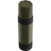 Olivgrüne, zylindrische Isolierflasche mit schwarzem Schraubverschluss, schwarzem Mittel- und Bodenring und weißer Aufschrift 'SIGG' am Boden