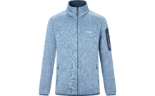 Veste polaire bleu clair chinée avec col montant, fermeture éclair frontale sur toute la longueur, deux poches latérales zippées et une poche zippée sur le haut de la manche