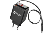 Schwarzes rechteckiges Steckergehäuse mit zwei runden Metallstiften (EU), zwei USB-Anschlüssen (oben einer rot), digitales Display mit Anzeige "65", Schriftzug "Berger" auf der Seite, fest verbundenes schwarzes Kabel mit USB‑C‑Stecker