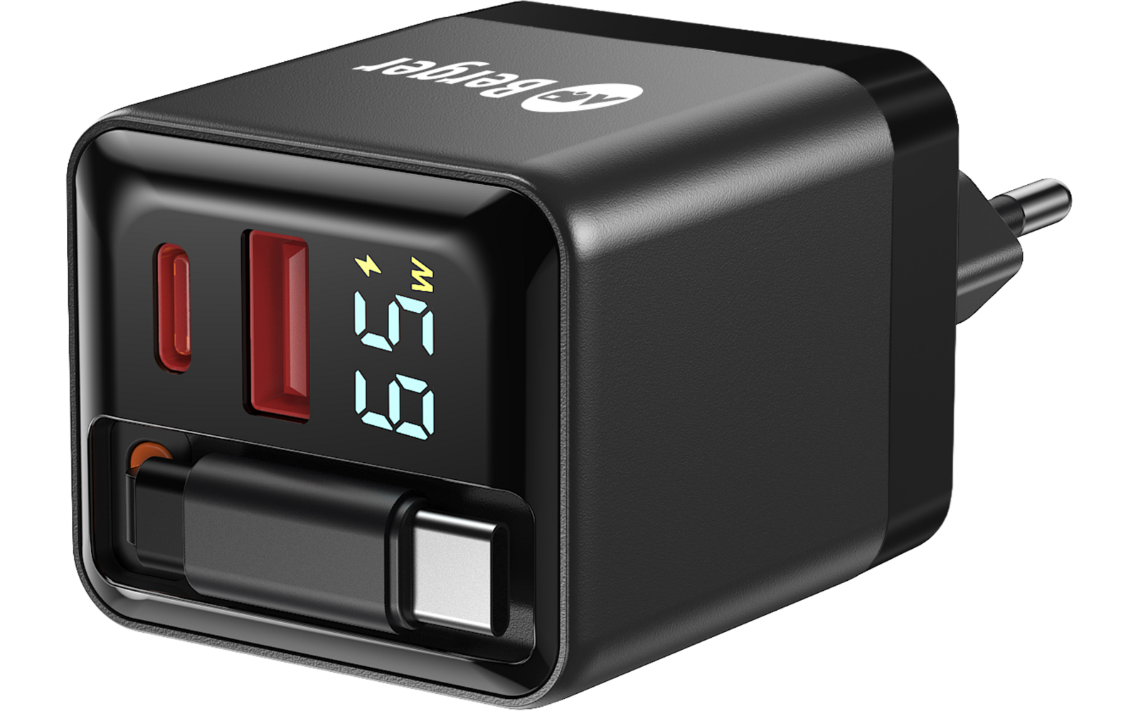 Schwarzes rechteckiges Steckerladegerät mit zwei roten USB-Ports, einem eingesetzten USB‑C-Stecker in einer Frontmulde, digitaler Anzeige '65' mit kleinem 'W'-Symbol, weißem Logo oben und zweipoligem Netzstecker an der Seite