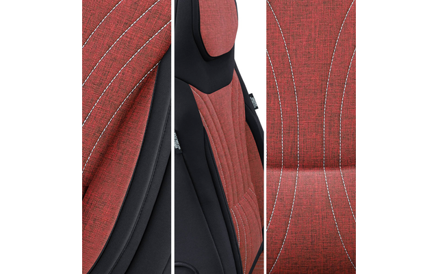 Dreiteilige Nahaufnahme eines roten gepolsterten Sitzes mit schwarzem Rahmen und weißen Ziernähten