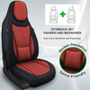 Autositzt mit rotem Stoffmittelteil und schwarzem Seitenbezug; oben rechts Piktogramm zweier Sitzumrisse mit Pluszeichen; Texte 'SITZBEZUG SET FAHRER UND BEIFAHRER' und 'Seat Cover Set Driver and Passenger'; runde Detailansicht mit Text 'Rücken Freun