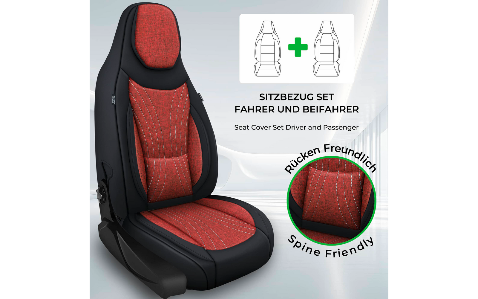 Autositzt mit rotem Stoffmittelteil und schwarzem Seitenbezug; oben rechts Piktogramm zweier Sitzumrisse mit Pluszeichen; Texte 'SITZBEZUG SET FAHRER UND BEIFAHRER' und 'Seat Cover Set Driver and Passenger'; runde Detailansicht mit Text 'Rücken Freun