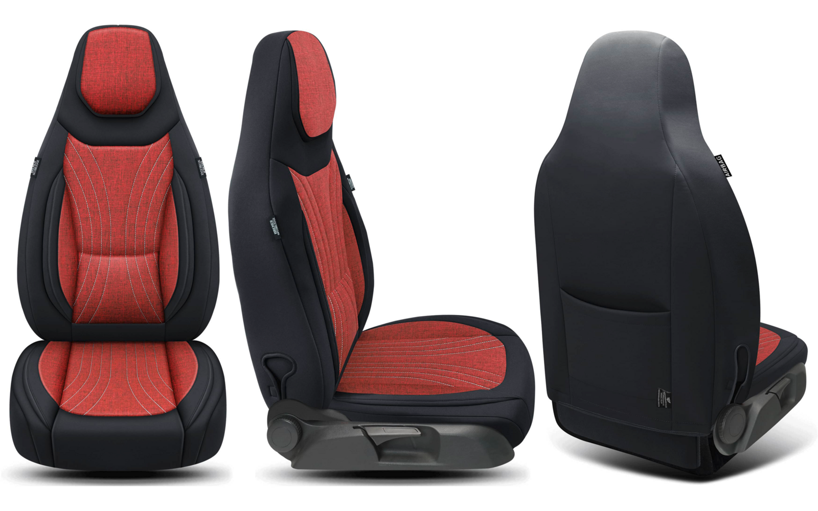 Drei Autositze nebeneinander in Vorder-, Seiten- und Rückansicht; rote gepolsterte Einsätze mit Steppnähten, schwarzer Außenbezug, integrierte Kopfstützen und Sitzverstellhebel; weißer Hintergrund