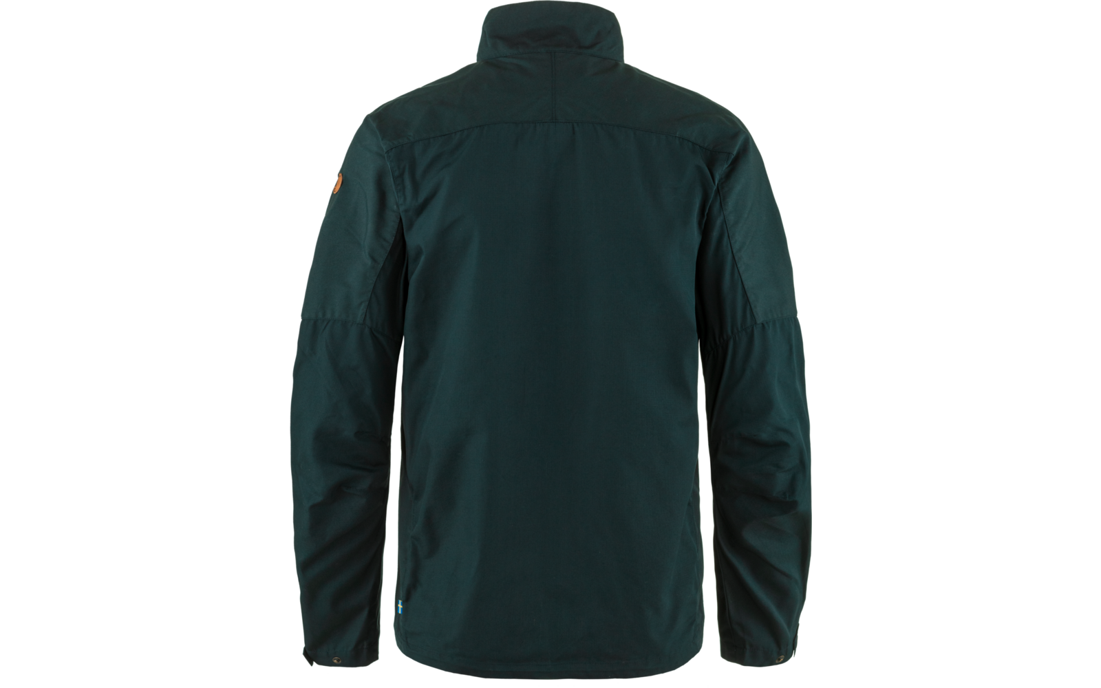 Chaqueta verde oscuro, vista trasera, mangas largas, cuello alto, costuras visibles, emblema redondo en una manga