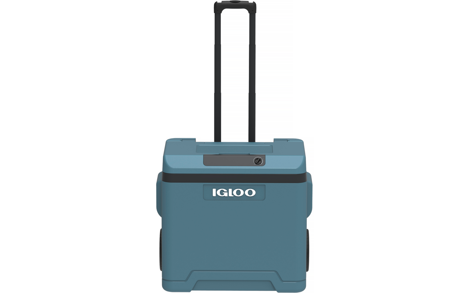 Blaue Kühlbox mit ausziehbarem Griff und Rädern