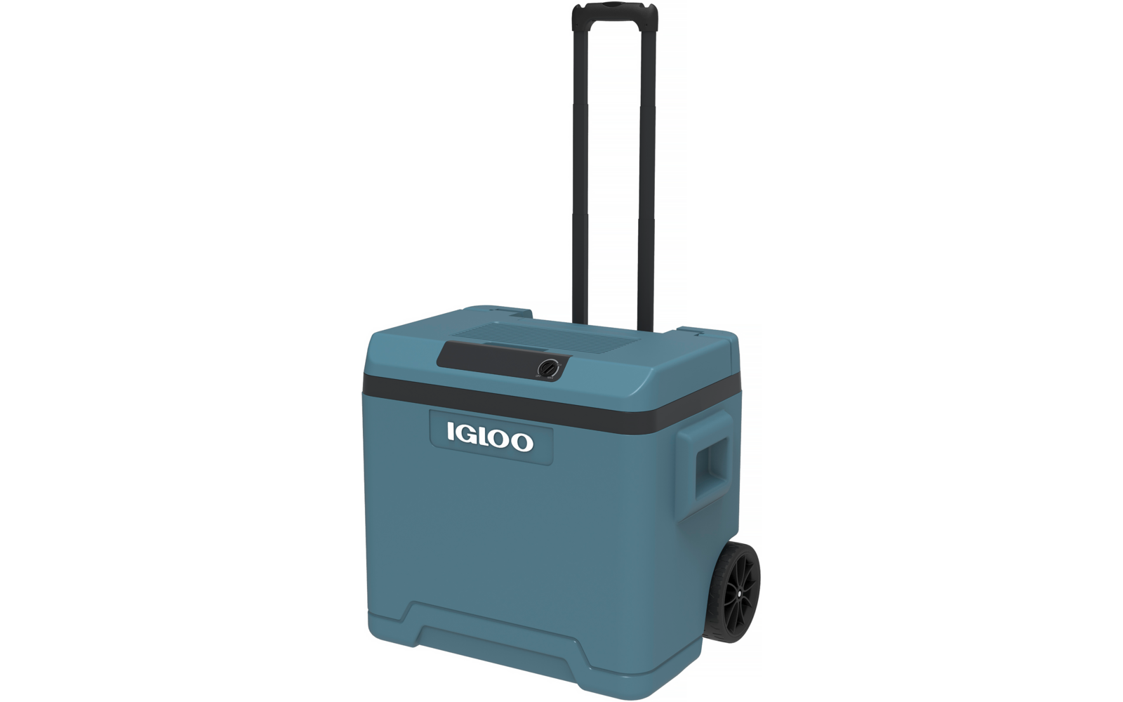 Blauer tragbarer Kühler mit Griff und zwei Rädern