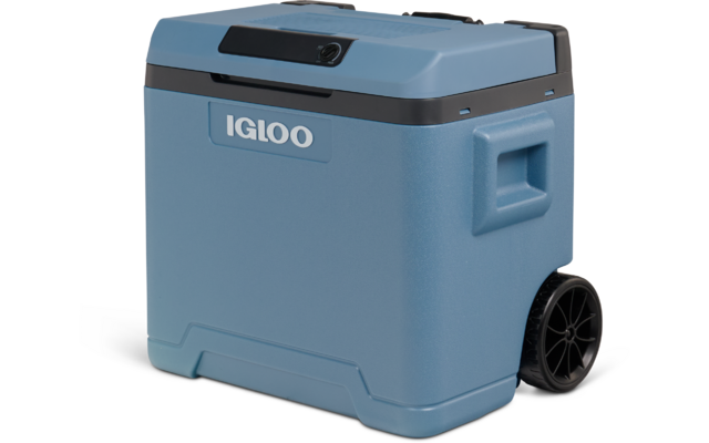 Hellblaue Kunststoff-Kühlbox mit schwarzem Deckel, weißem 'IGLOO'-Schriftzug, seitlichem Griff und schwarzem Rad an der rechten Seite
