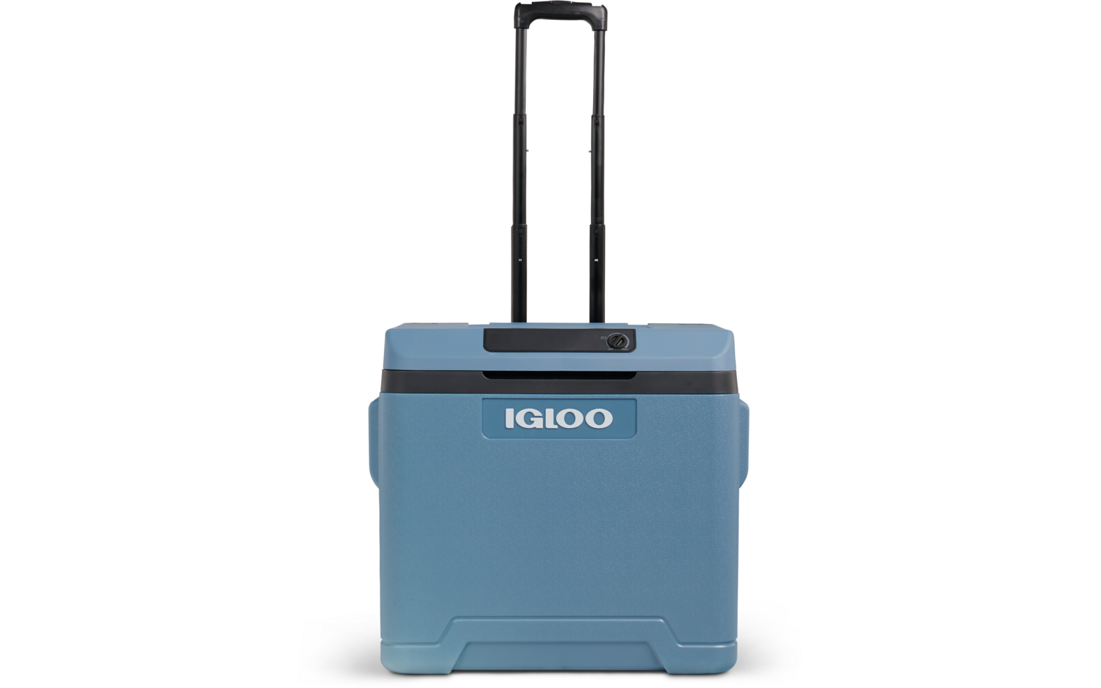 Hellblaue rechteckige Box mit dunklerem Deckel, weißem IGLOO-Logo auf der Vorderseite und ausgezogenem schwarzem Teleskopgriff
