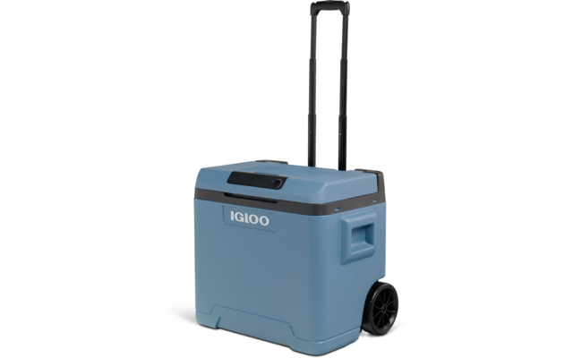 Blauer rollbarer Kühler mit ausgezogenem Teleskopgriff und Aufschrift 'IGLOO'