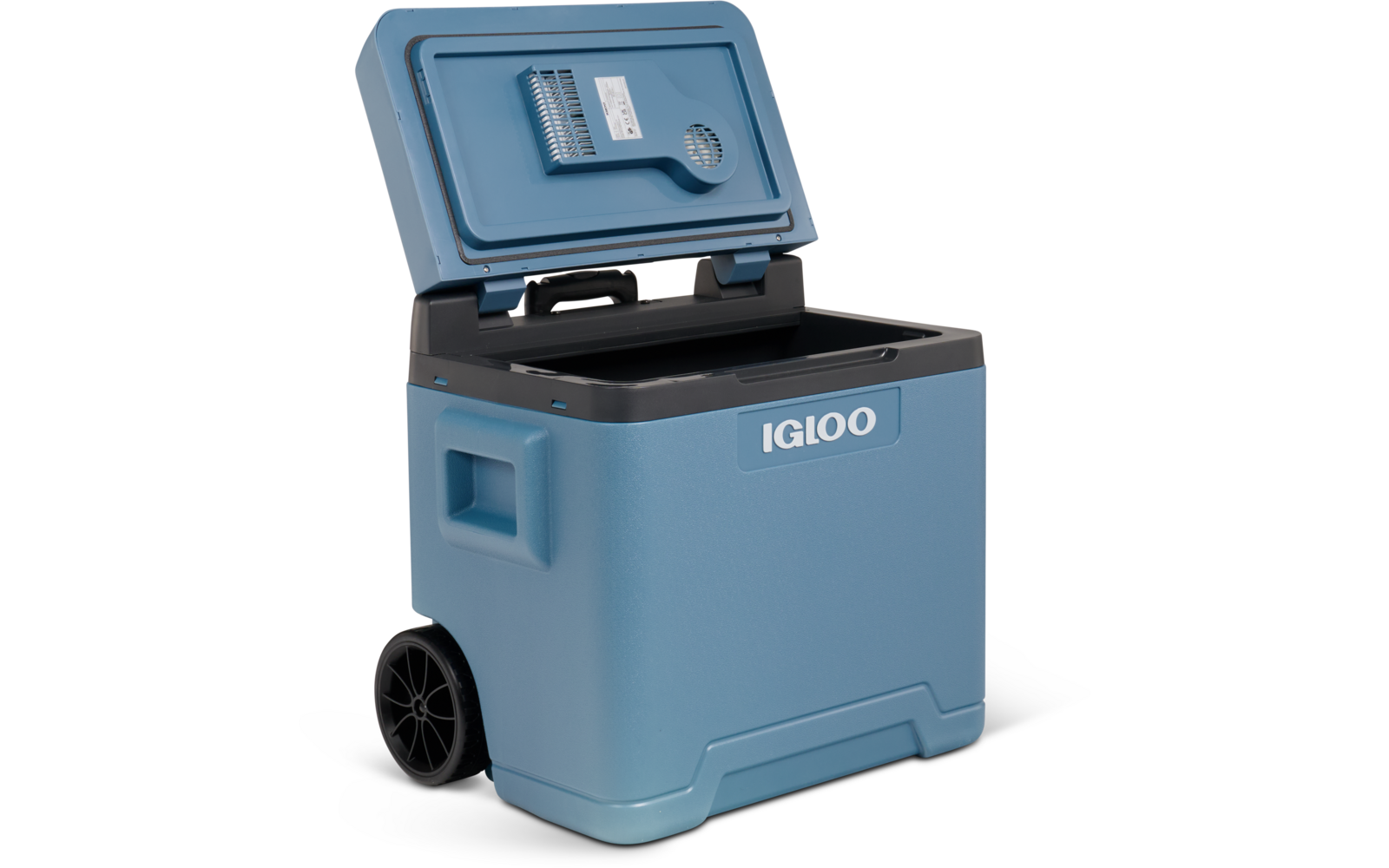 Blaue Igloo-Kühlbox mit geöffnetem Deckel, sichtbarem Innenraum, zwei schwarzen Rädern und weißem 'IGLOO'-Logo auf der Vorderseite