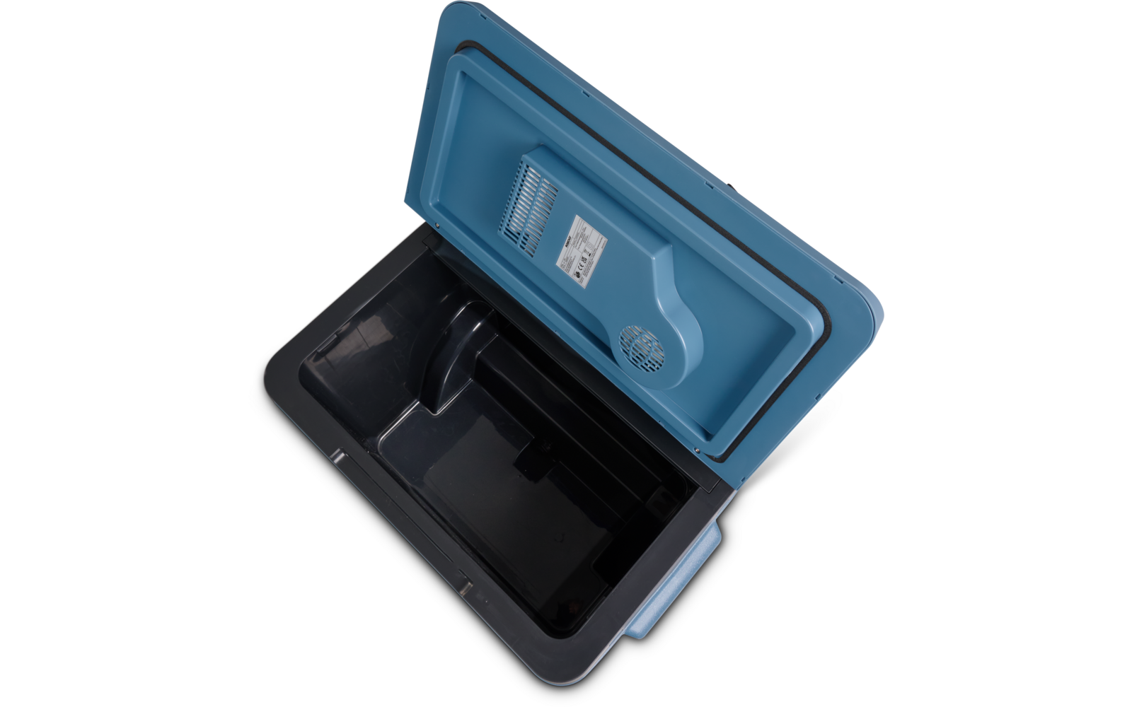 Blaue Kühlbox mit geöffnetem Deckel, schwarzes leeres Innenfach, Draufsicht
