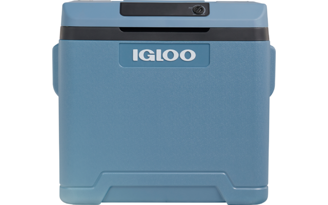 Blaue Kunststoff-Kühlbox mit IGLOO-Logo vorne und schwarzem Verschluss am Deckel