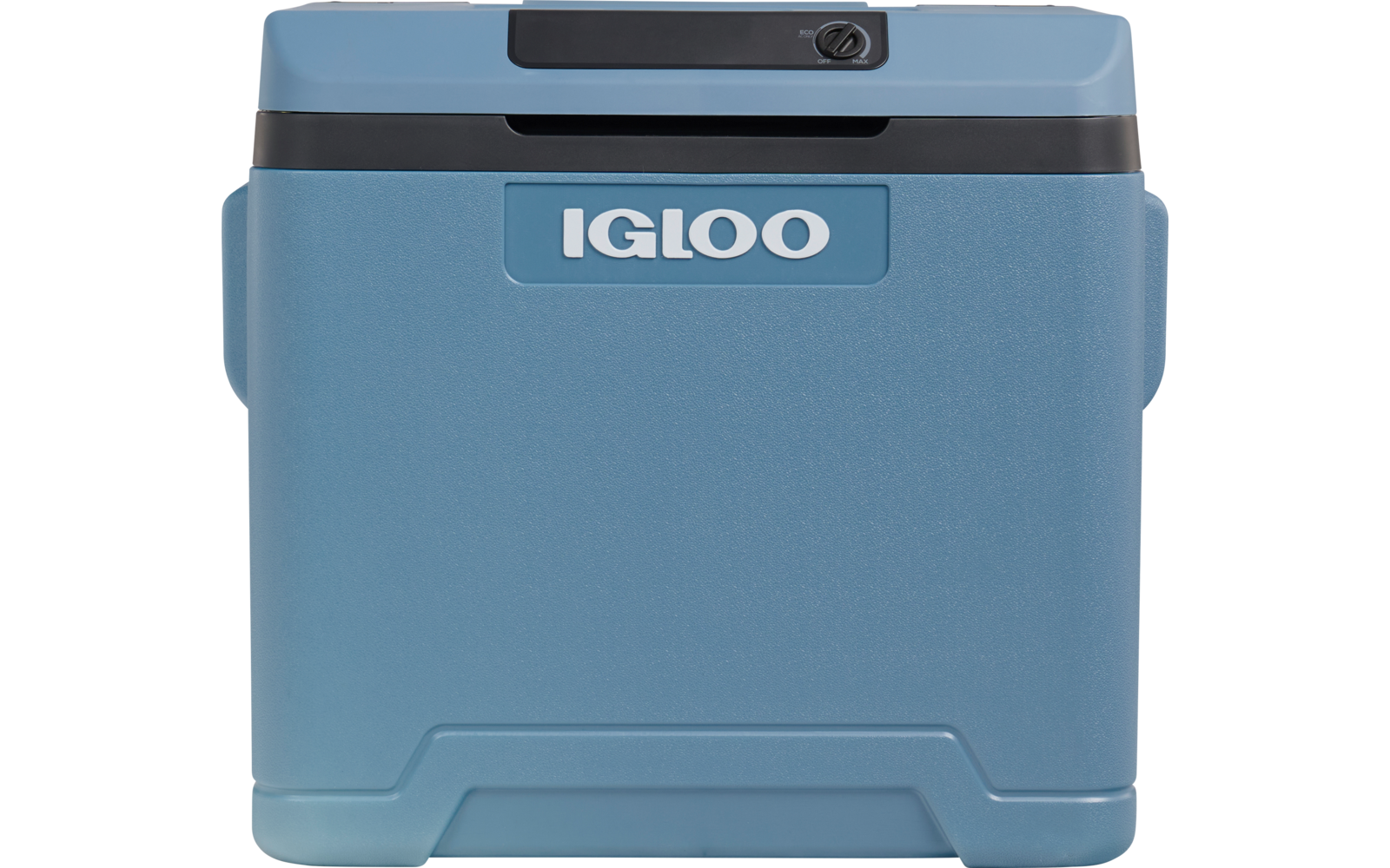 Blaue Kunststoff-Kühlbox mit IGLOO-Logo vorne und schwarzem Verschluss am Deckel