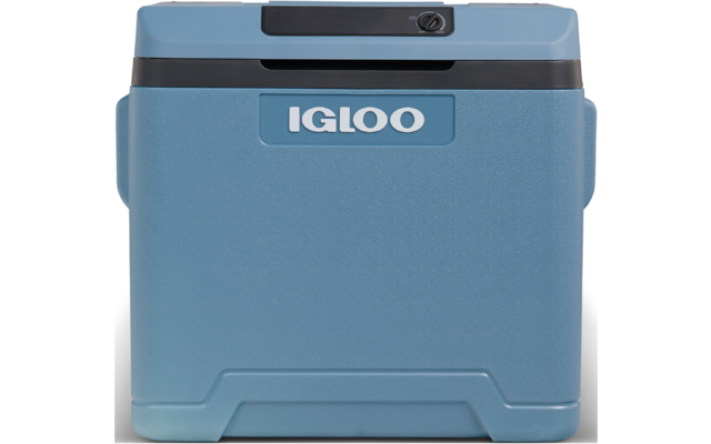 Blaue Kunststoff-Kühlbox mit IGLOO-Logo vorne und schwarzem Verschluss am Deckel