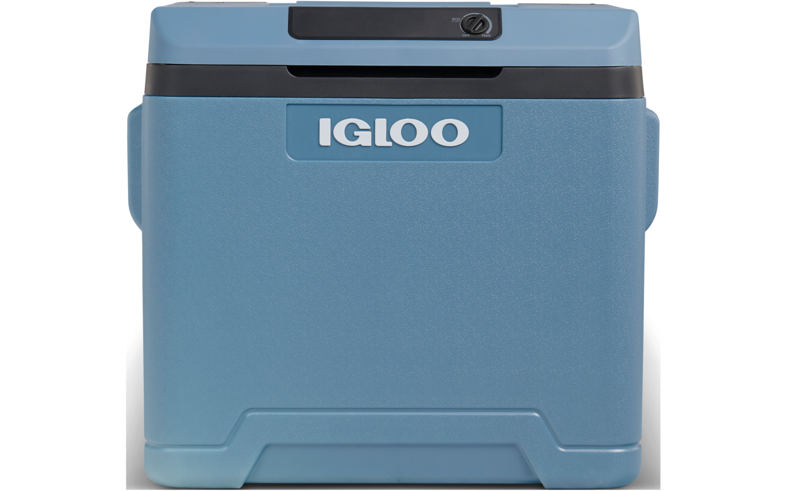 Blaue Kunststoff-Kühlbox mit IGLOO-Logo vorne und schwarzem Verschluss am Deckel