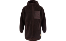 Braune Fleecejacke mit Kapuze, durchgehendem Reißverschluss, Brusttasche mit Reißverschluss, zwei seitlichen Taschen, abgerundetem Saum und kleinem Logo-Patch am Saum