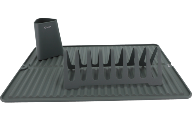 Graugrünes Kunststoffplateau mit gerillter Oberfläche, separatem Einsatz mit senkrechten Schlitzen und aufrecht stehendem Behälter